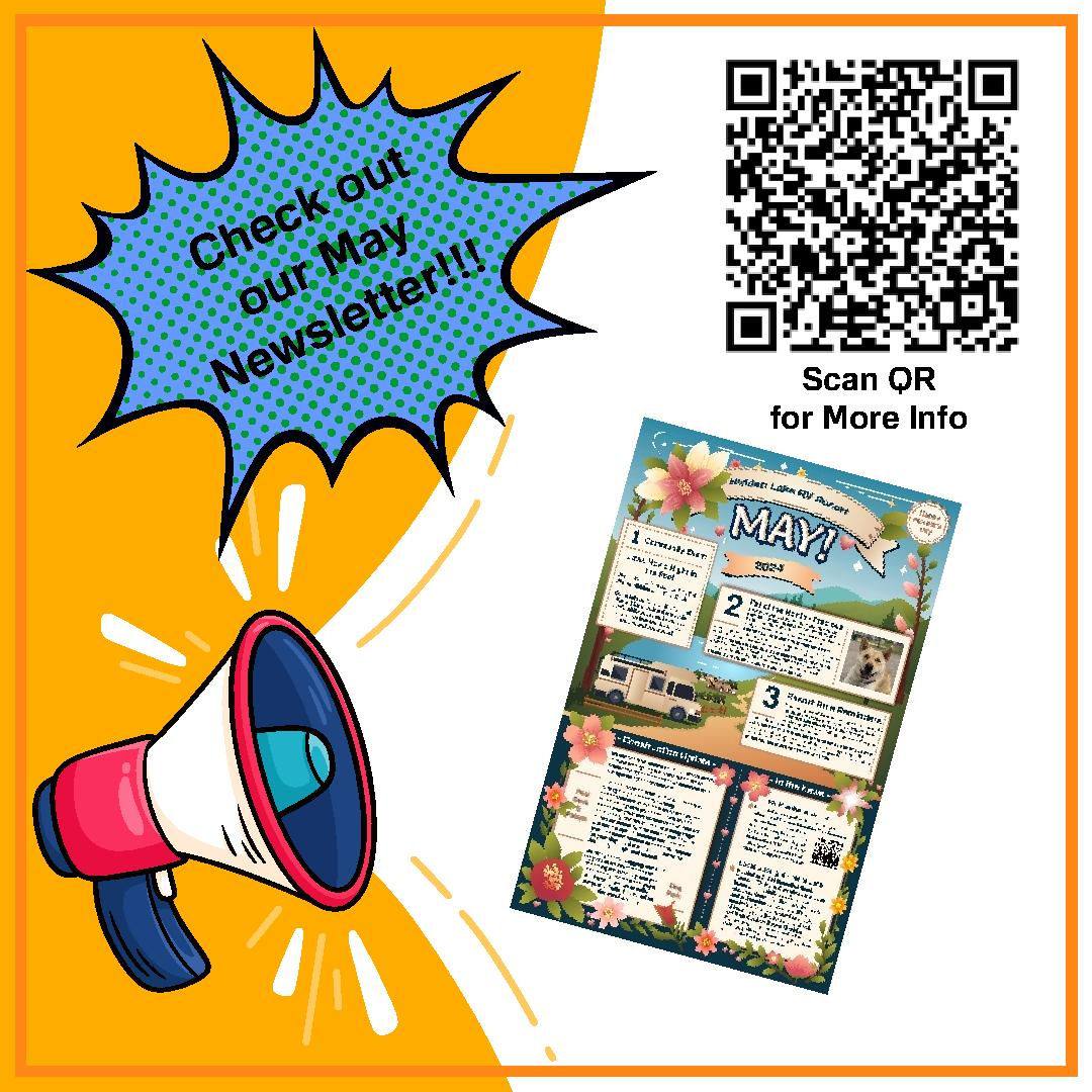 Pop-art graphic promoting the May newsletter with a QR code for more information