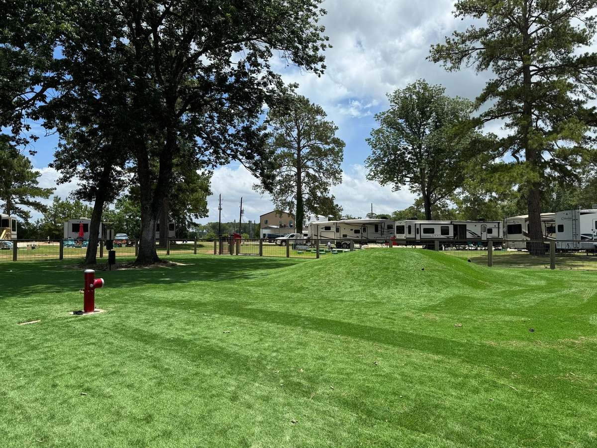 Wide view of the 10,000 square foot artificial-turf dog park