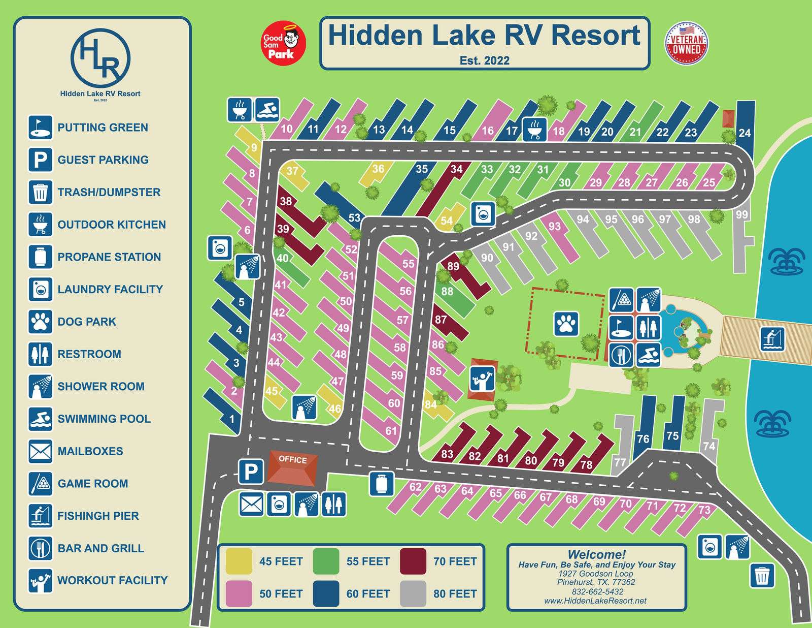Illustrated map of Hidden Lake RV Resort showing site layout, the lake, and an amenity legend