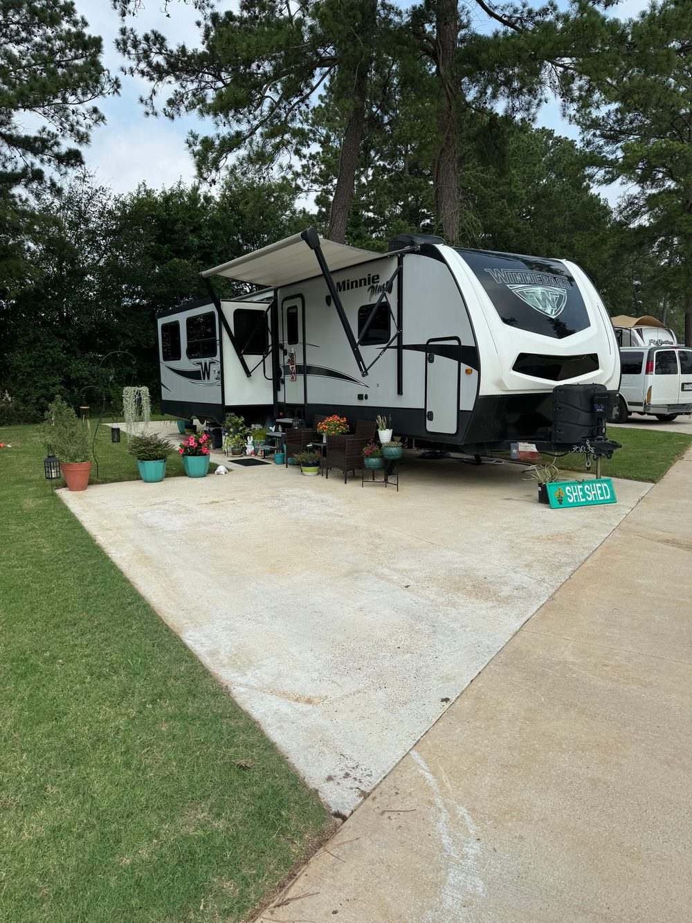 Fifth-wheel RV set up at Hidden Lake RV Resort