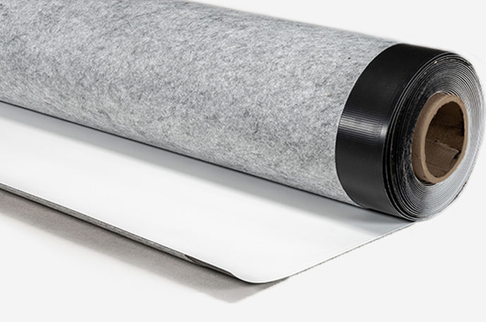 An image of a roll of TPO roofing material with felt backing