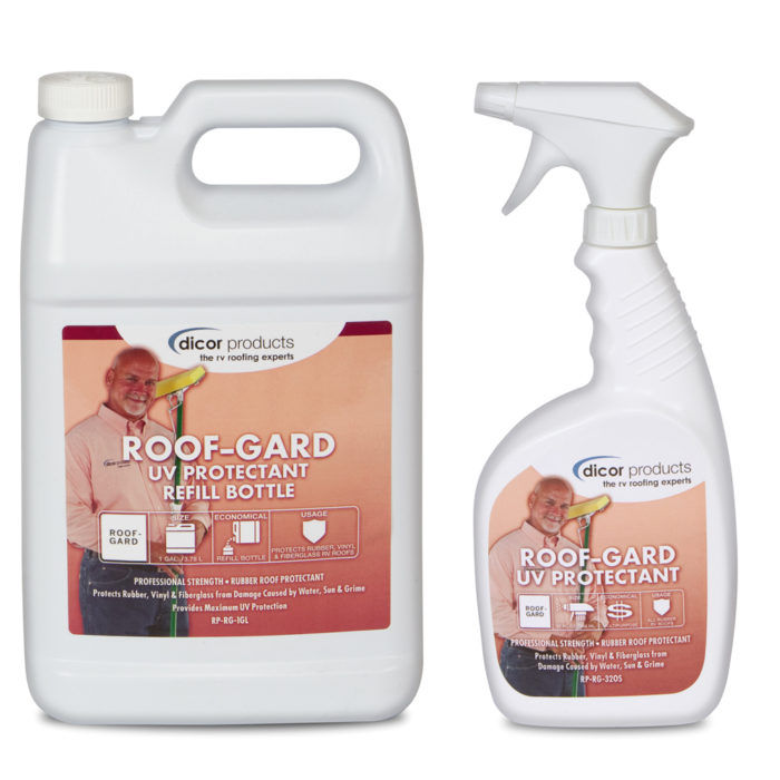Two bottles of Roof-Gard, one gallon jug and a spray bottle